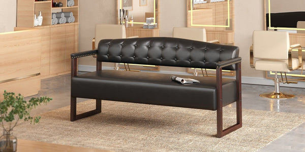 English Elm Salon Reception Bench Tufted PU Leather Mid-Century Seat with Copper Nailhead Trim Black N753P503257B