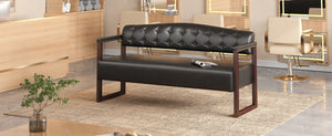 English Elm Salon Reception Bench Tufted PU Leather Mid-Century Seat with Copper Nailhead Trim Black N753P503257B