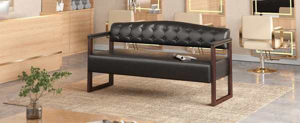 English Elm Salon Reception Bench Tufted PU Leather Mid-Century Seat with Copper Nailhead Trim Black N753P503257B