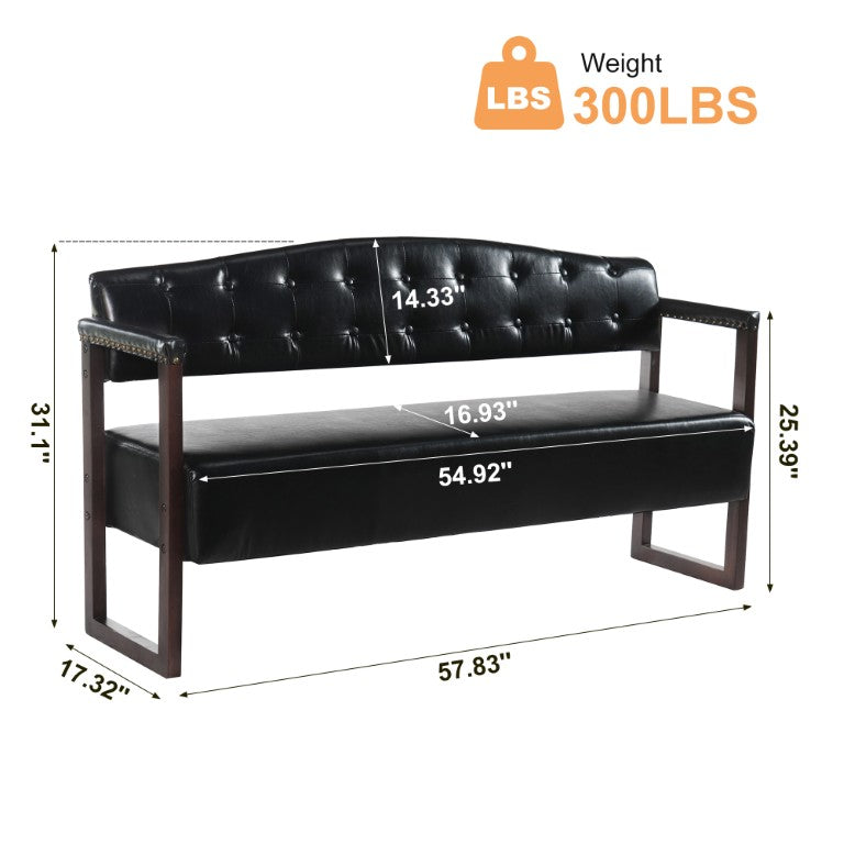 English Elm Salon Reception Bench Tufted PU Leather Mid-Century Seat with Copper Nailhead Trim Black N753P503257B