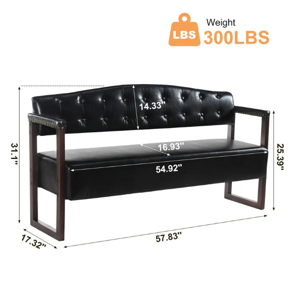 English Elm Salon Reception Bench Tufted PU Leather Mid-Century Seat with Copper Nailhead Trim Black N753P503257B