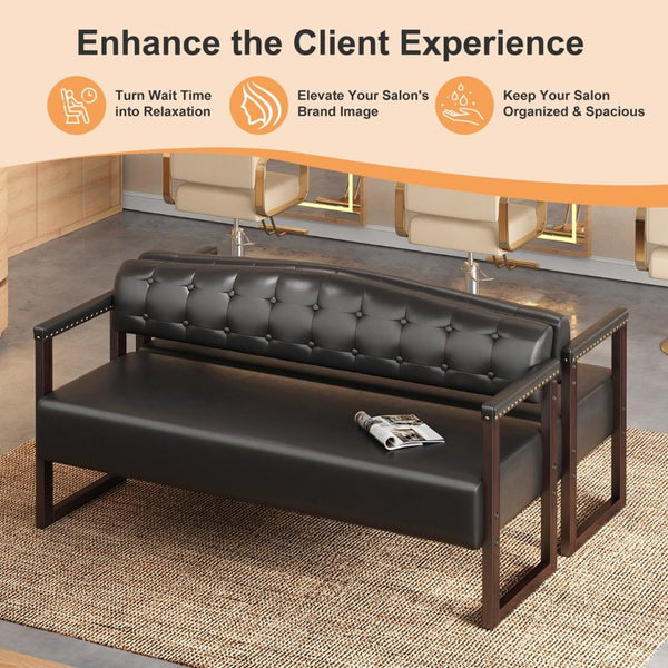 English Elm Salon Reception Bench Tufted PU Leather Mid-Century Seat with Copper Nailhead Trim Black N753P503257B