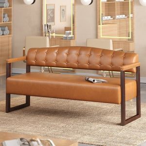 English Elm Salon Reception Bench Tufted PU Leather Mid-Century Seat with Copper Nailhead Trim Dark Brown N753P503257D