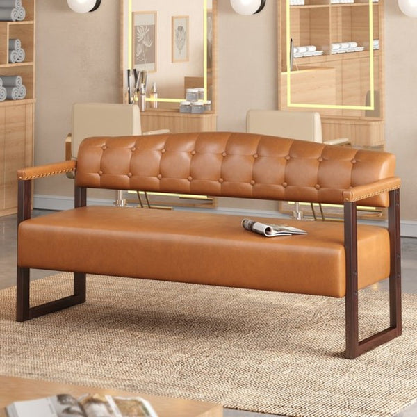 English Elm Salon Reception Bench Tufted PU Leather Mid-Century Seat with Copper Nailhead Trim Dark Brown N753P503257D