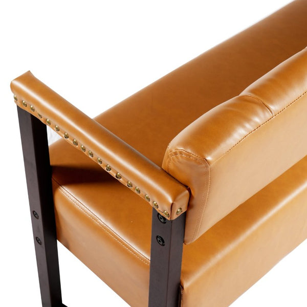 English Elm Salon Reception Bench Tufted PU Leather Mid-Century Seat with Copper Nailhead Trim Dark Brown N753P503257D