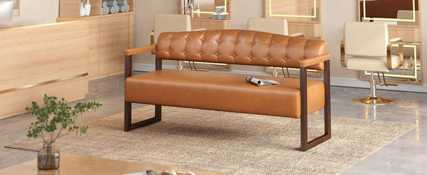 English Elm Salon Reception Bench Tufted PU Leather Mid-Century Seat with Copper Nailhead Trim Dark Brown N753P503257D