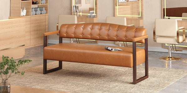 English Elm Salon Reception Bench Tufted PU Leather Mid-Century Seat with Copper Nailhead Trim Dark Brown N753P503257D