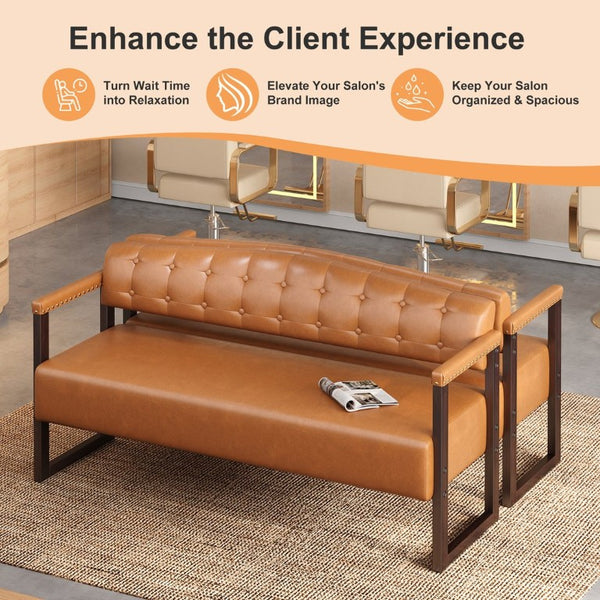 English Elm Salon Reception Bench Tufted PU Leather Mid-Century Seat with Copper Nailhead Trim Dark Brown N753P503257D