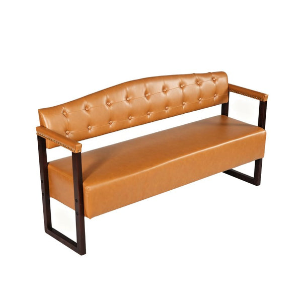 English Elm Salon Reception Bench Tufted PU Leather Mid-Century Seat with Copper Nailhead Trim Dark Brown N753P503257D