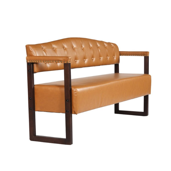 English Elm Salon Reception Bench Tufted PU Leather Mid-Century Seat with Copper Nailhead Trim Dark Brown N753P503257D