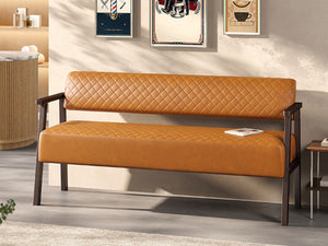 English Elm 58.27 Inch Diamond Quilted Faux Leather Reception Bench with Solid Wood Armrests N753P503258D