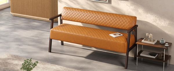 English Elm 58.27 Inch Diamond Quilted Faux Leather Reception Bench with Solid Wood Armrests N753P503258D