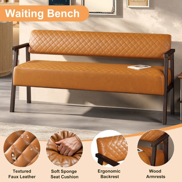 English Elm 58.27 Inch Diamond Quilted Faux Leather Reception Bench with Solid Wood Armrests N753P503258D