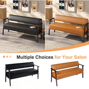 English Elm 58.27 Inch Diamond Quilted Faux Leather Reception Bench with Solid Wood Armrests N753P503258D