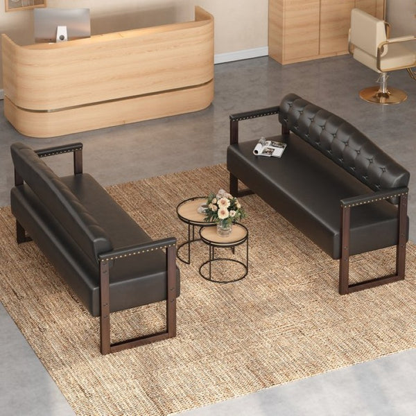 English Elm 2-Piece Mid-Century Reception Bench Set Tufted PU Leather with Copper Nailhead Salon Spa Black N753S000057B