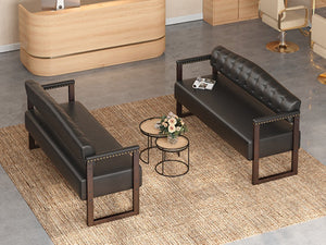 English Elm 2-Piece Mid-Century Reception Bench Set Tufted PU Leather with Copper Nailhead Salon Spa Black N753S000057B
