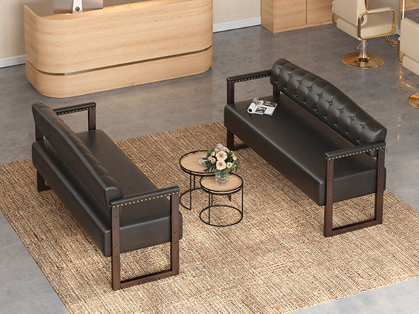 English Elm 2-Piece Mid-Century Reception Bench Set Tufted PU Leather with Copper Nailhead Salon Spa Black N753S000057B