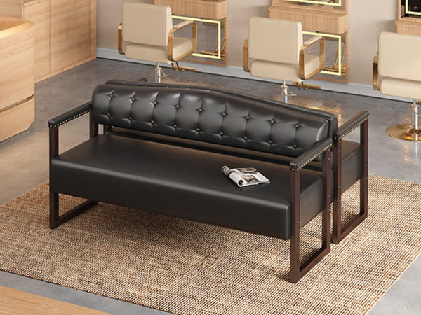 English Elm 2-Piece Mid-Century Reception Bench Set Tufted PU Leather with Copper Nailhead Salon Spa Black N753S000057B