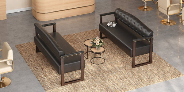 English Elm 2-Piece Mid-Century Reception Bench Set Tufted PU Leather with Copper Nailhead Salon Spa Black N753S000057B
