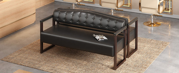 English Elm 2-Piece Mid-Century Reception Bench Set Tufted PU Leather with Copper Nailhead Salon Spa Black N753S000057B