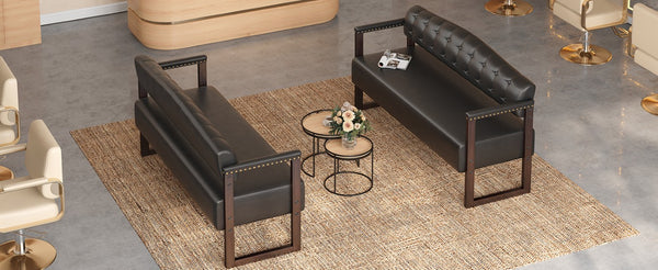 English Elm 2-Piece Mid-Century Reception Bench Set Tufted PU Leather with Copper Nailhead Salon Spa Black N753S000057B
