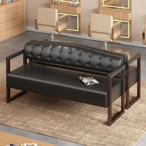 English Elm 2-Piece Mid-Century Reception Bench Set Tufted PU Leather with Copper Nailhead Salon Spa Black N753S000057B