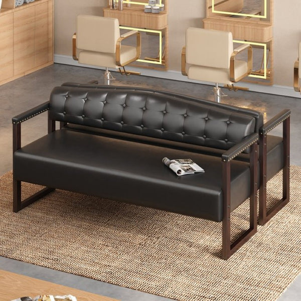 English Elm 2-Piece Mid-Century Reception Bench Set Tufted PU Leather with Copper Nailhead Salon Spa Black N753S000057B