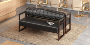 English Elm 2-Piece Mid-Century Reception Bench Set Tufted PU Leather with Copper Nailhead Salon Spa Black N753S000057B