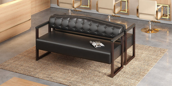 English Elm 2-Piece Mid-Century Reception Bench Set Tufted PU Leather with Copper Nailhead Salon Spa Black N753S000057B