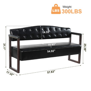 English Elm 2-Piece Mid-Century Reception Bench Set Tufted PU Leather with Copper Nailhead Salon Spa Black N753S000057B