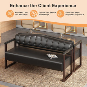 English Elm 2-Piece Mid-Century Reception Bench Set Tufted PU Leather with Copper Nailhead Salon Spa Black N753S000057B