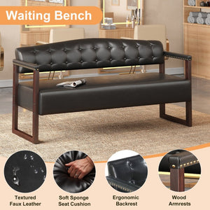 English Elm 2-Piece Mid-Century Reception Bench Set Tufted PU Leather with Copper Nailhead Salon Spa Black N753S000057B