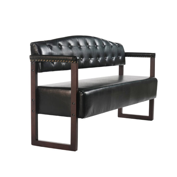 English Elm 2-Piece Mid-Century Reception Bench Set Tufted PU Leather with Copper Nailhead Salon Spa Black N753S000057B