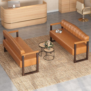 English Elm 2-Piece Mid-Century Reception Bench Set Tufted PU Leather with Copper Nailhead Salon Spa Dark Brown N753S000057D