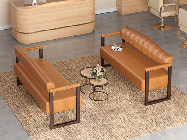 English Elm 2-Piece Mid-Century Reception Bench Set Tufted PU Leather with Copper Nailhead Salon Spa Dark Brown N753S000057D