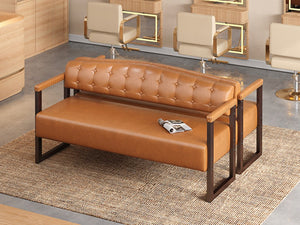 English Elm 2-Piece Mid-Century Reception Bench Set Tufted PU Leather with Copper Nailhead Salon Spa Dark Brown N753S000057D