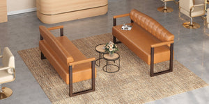 English Elm 2-Piece Mid-Century Reception Bench Set Tufted PU Leather with Copper Nailhead Salon Spa Dark Brown N753S000057D