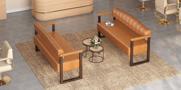English Elm 2-Piece Mid-Century Reception Bench Set Tufted PU Leather with Copper Nailhead Salon Spa Dark Brown N753S000057D