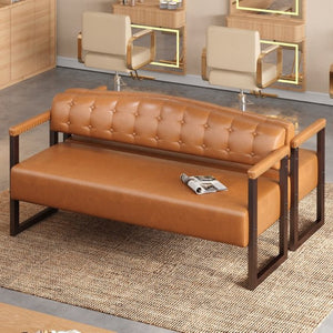 English Elm 2-Piece Mid-Century Reception Bench Set Tufted PU Leather with Copper Nailhead Salon Spa Dark Brown N753S000057D