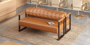 English Elm 2-Piece Mid-Century Reception Bench Set Tufted PU Leather with Copper Nailhead Salon Spa Dark Brown N753S000057D