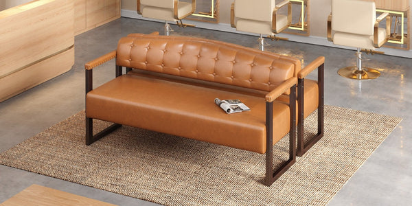 English Elm 2-Piece Mid-Century Reception Bench Set Tufted PU Leather with Copper Nailhead Salon Spa Dark Brown N753S000057D