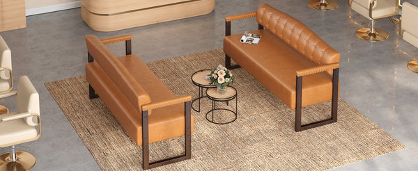 English Elm 2-Piece Mid-Century Reception Bench Set Tufted PU Leather with Copper Nailhead Salon Spa Dark Brown N753S000057D