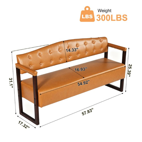 English Elm 2-Piece Mid-Century Reception Bench Set Tufted PU Leather with Copper Nailhead Salon Spa Dark Brown N753S000057D