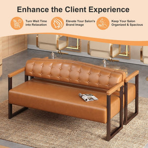 English Elm 2-Piece Mid-Century Reception Bench Set Tufted PU Leather with Copper Nailhead Salon Spa Dark Brown N753S000057D