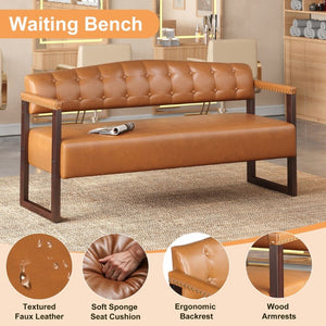 English Elm 2-Piece Mid-Century Reception Bench Set Tufted PU Leather with Copper Nailhead Salon Spa Dark Brown N753S000057D