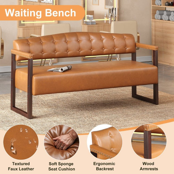 English Elm 2-Piece Mid-Century Reception Bench Set Tufted PU Leather with Copper Nailhead Salon Spa Dark Brown N753S000057D