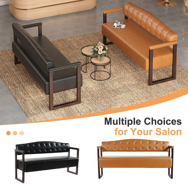 English Elm 2-Piece Mid-Century Reception Bench Set Tufted PU Leather with Copper Nailhead Salon Spa Dark Brown N753S000057D