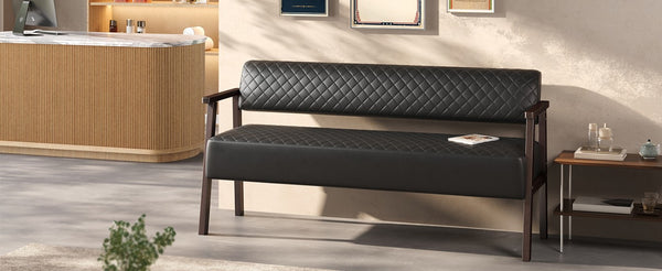 English Elm 2 Pack Diamond Tufted PU Leather Reception Benches with Solid Wood Armrests for Salons N753S000058B