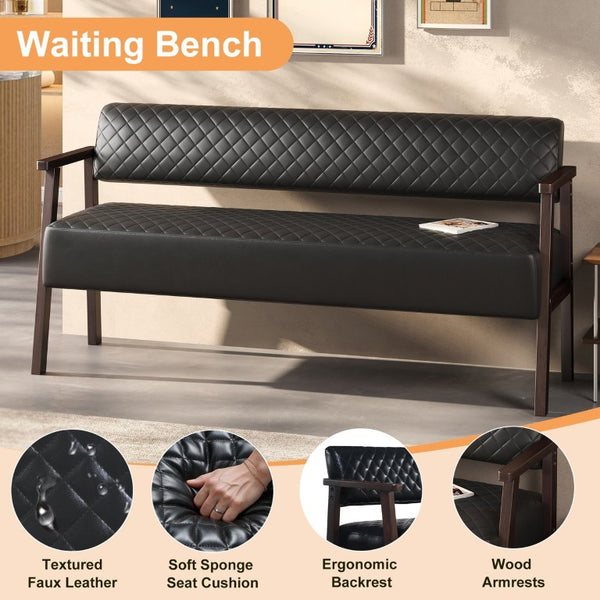 English Elm 2 Pack Diamond Tufted PU Leather Reception Benches with Solid Wood Armrests for Salons N753S000058B