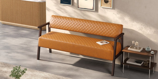 English Elm 2 Pack Diamond Quilted PU Leather Reception Benches with Solid Wood Armrests for Salons N753S000058D